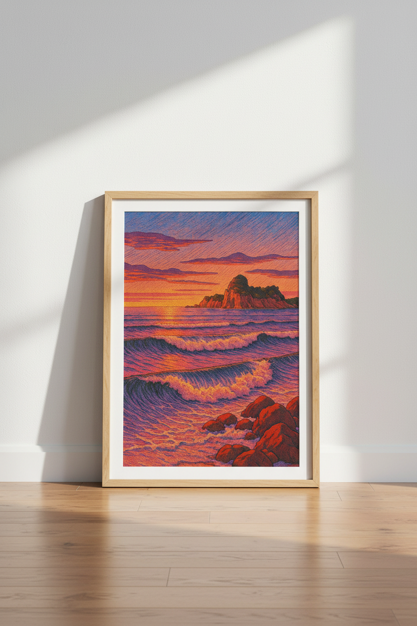 Ocean Wave Sunset Wall Art Print | Vibrant Coastal Decor | Psychedelic Beach Poster | Framed Seascape Ready to Hang