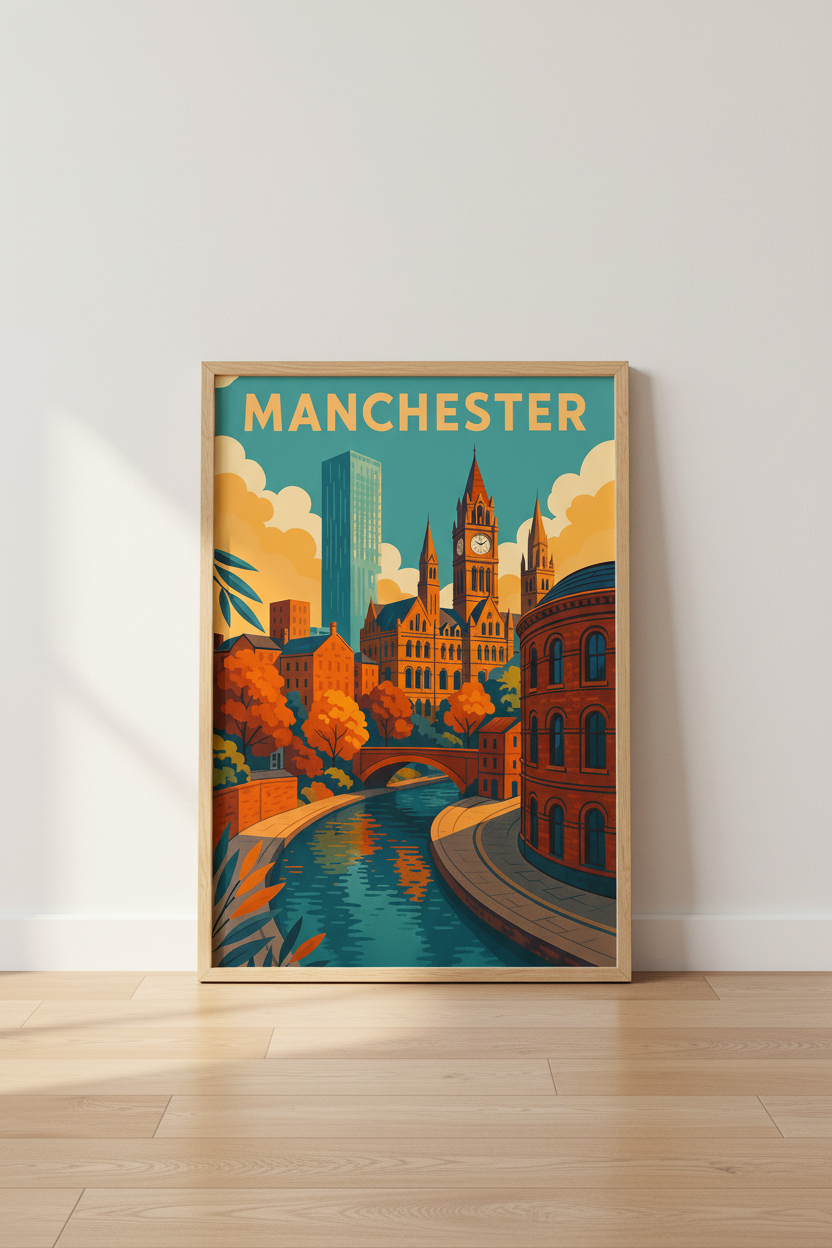 Retro Travel Manchester Wall Art Print | Living Room Decor | Autumn Aesthetic Cityscape Poster | England Canal Art
