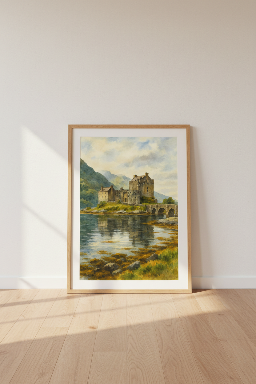 Watercolor Castle Wall Art Print | Scottish Landscape Wall Decor | Rustic Medieval Aesthetic Poster | Digital Print, Framed, Unframed