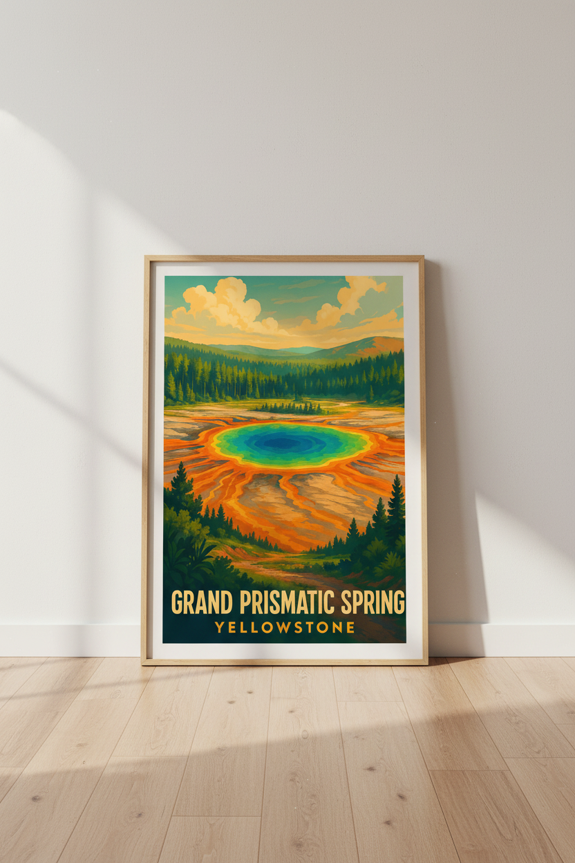 Retro Travel Grand Prismatic Spring Yellowstone Wall Art Print | Living Room Decor | National Park Poster Gift