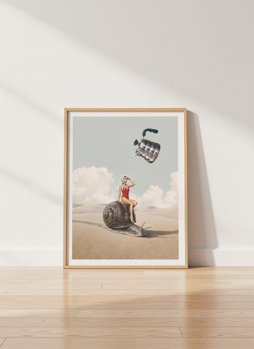 Desert Snail Oasis Art | Retro Surrealism Print, Eclectic Wall Decor