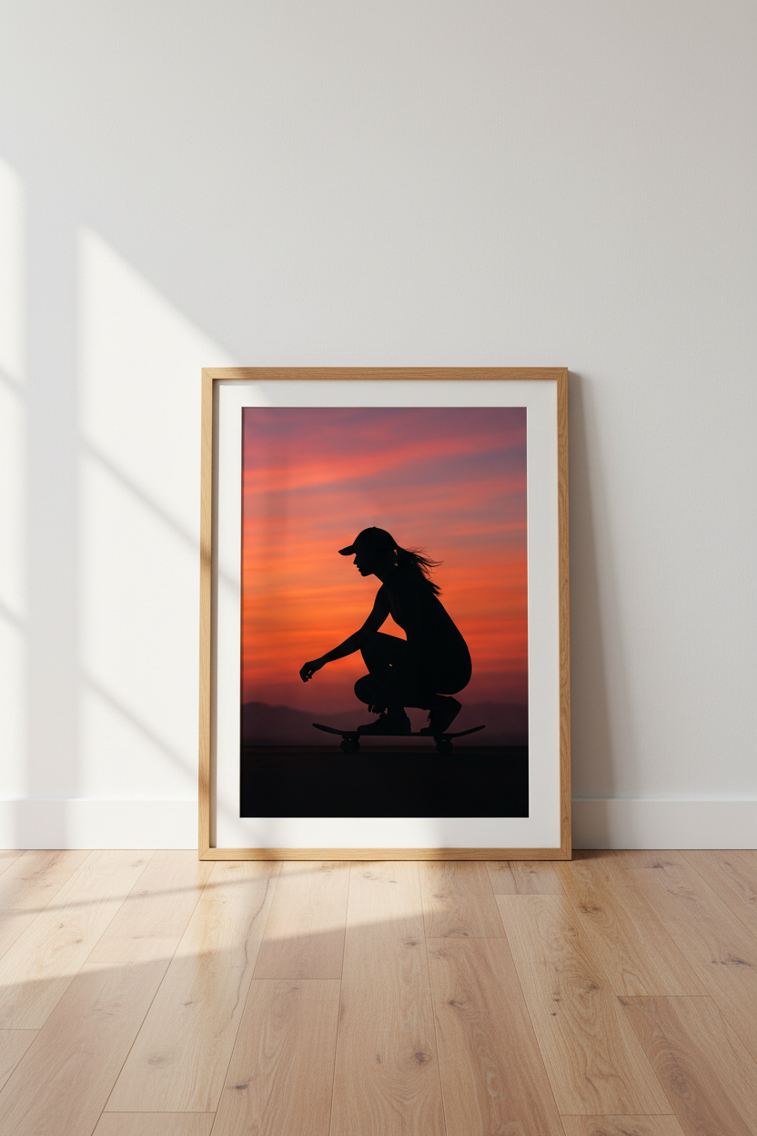 Silhouette Skater Sunset Framed Wall Art | Teen Room Decor | Aesthetic Skateboard Poster | Ready to Hang Framed Print Art