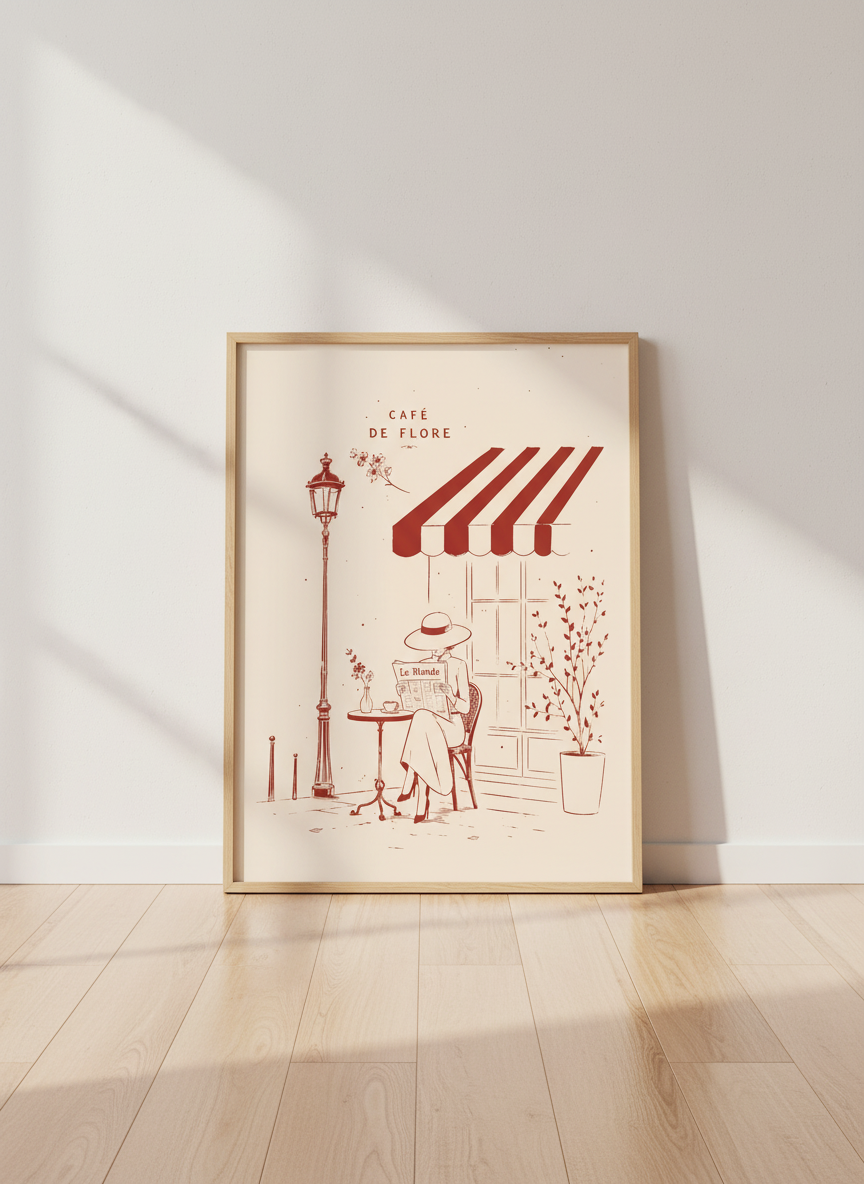 Paris Cafe Wall Art | French Woman Reading Poster | Mid-Century Modern Decor