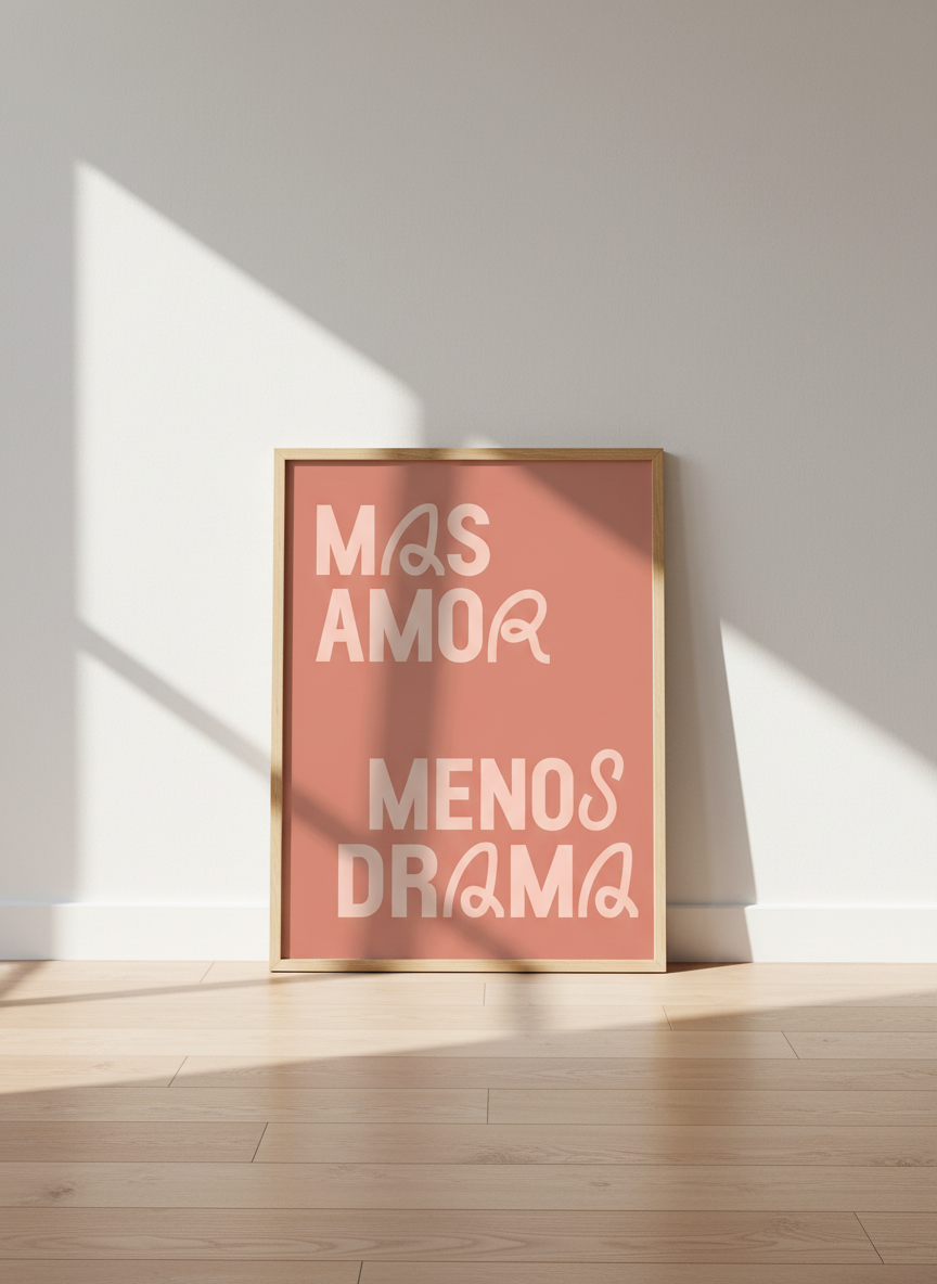 Spanish Quote Wall Art Print Mas Amor Menos Drama | Dorm Decor | Pink Aesthetic Poster Minimalist Love Art
