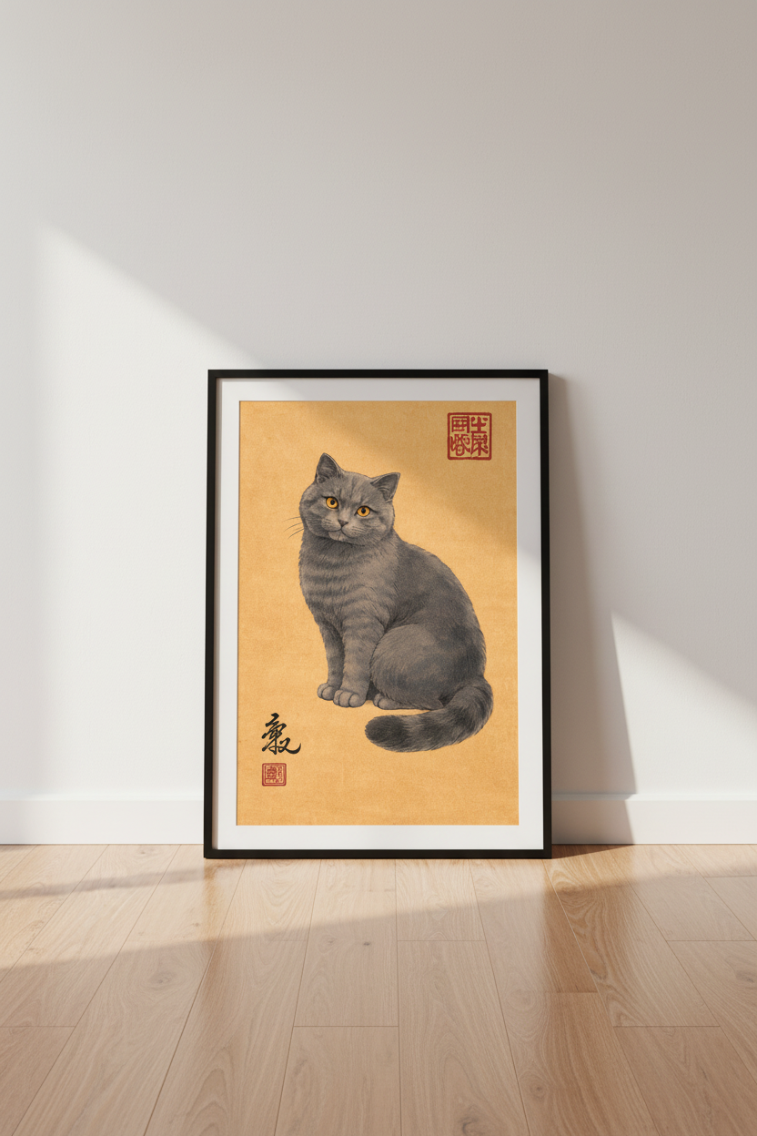 British Shorthair Cat Art Print | Traditional Japanese Style Cat Wall Art | Gray Cat Poster | Unique Pet Home Decor