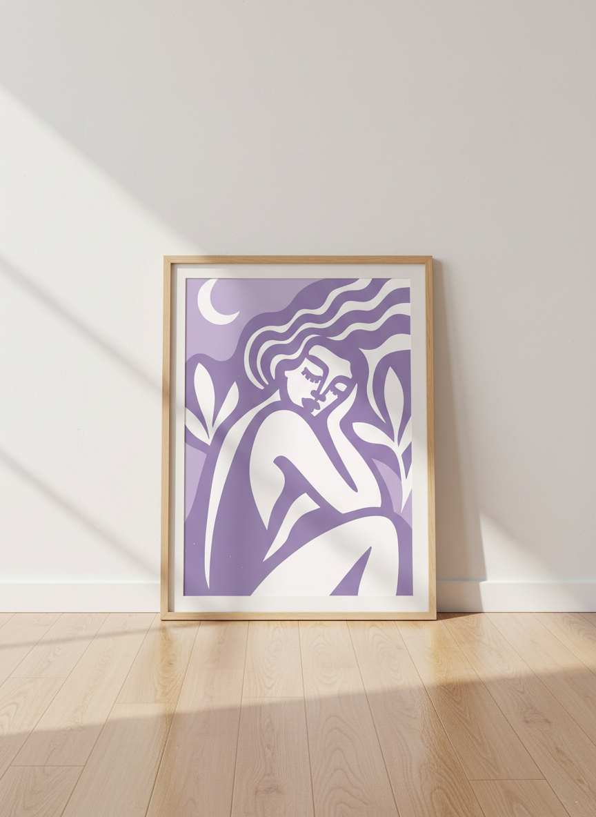 Woman Line Art Print | Minimalist Lilac Wall Decor, Modern Bohemian Poster Aesthetic