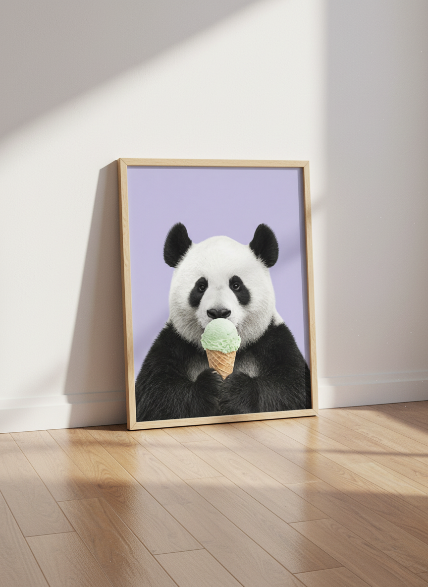 Cute Panda Eating Ice Cream Wall Art Print | Kids Room Decor | Whimsical Animal Poster | Unframed, Framed, Digital
