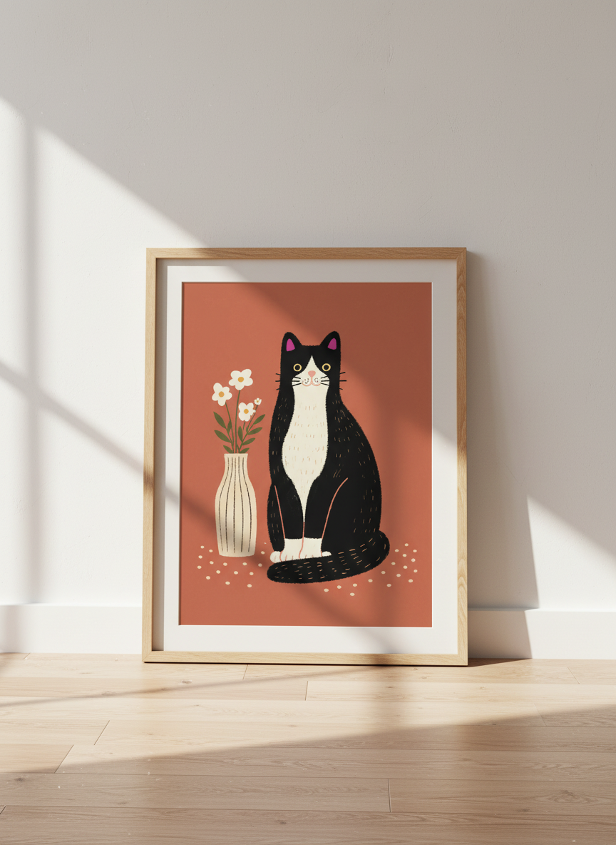 Tuxedo Cat & Flowers Wall Art | Mid Century Kitten Decor | Boho Pet Lover Gift