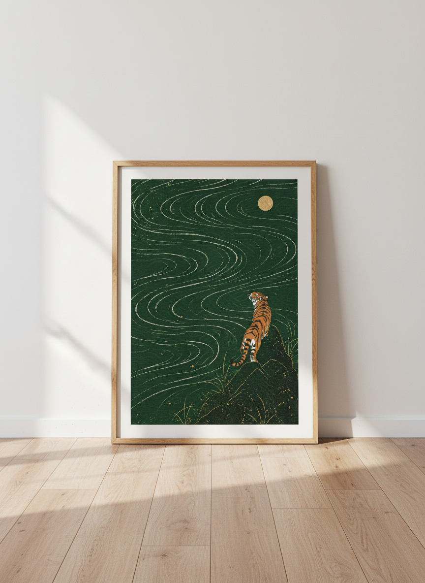 Japanese Tiger Moon Art Print | Dark Green Zen Decor | Asian Aesthetic Poster
