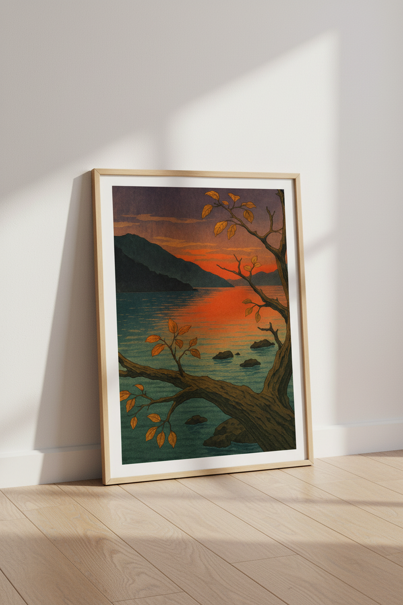 Autumn Sunset Lake & Mountain Wall Art Print | Boho Bedroom Decor | Rustic Landscape Framed Poster