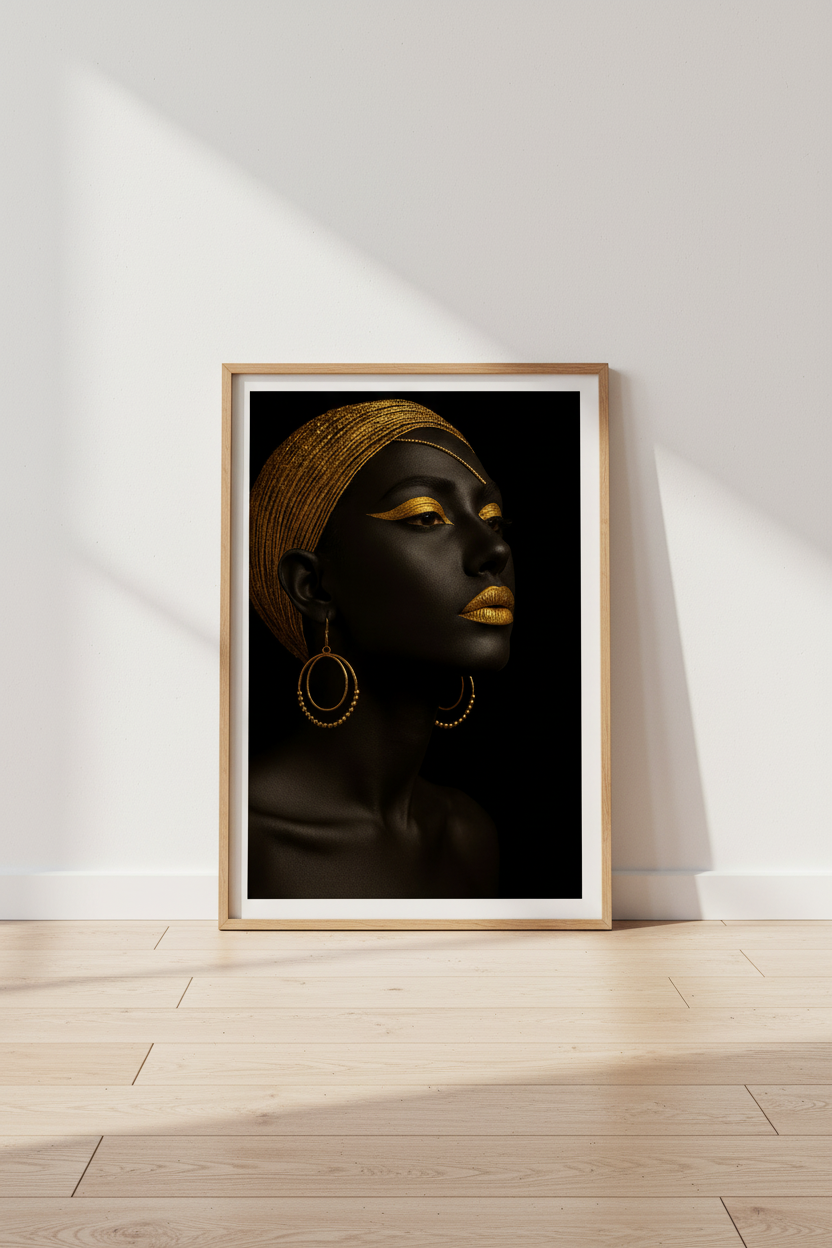 Minimalist Afrocentric Woman Wall Art Print | Glamour Home Decor | Black and Gold Aesthetic Poster | Digital & Physical Options