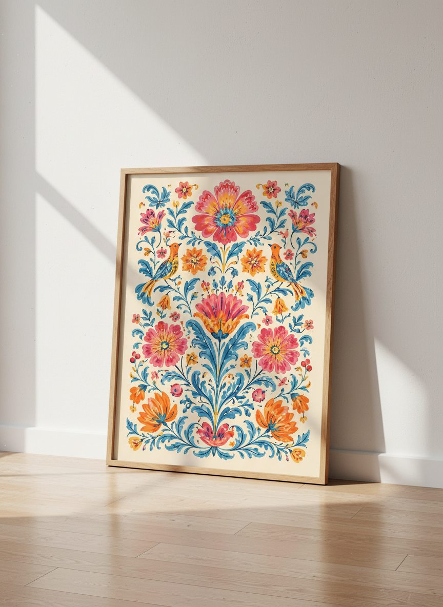 Mexican Folk Art Birds & Flowers | Vibrant Floral Botanical Wall Decor Poster Print