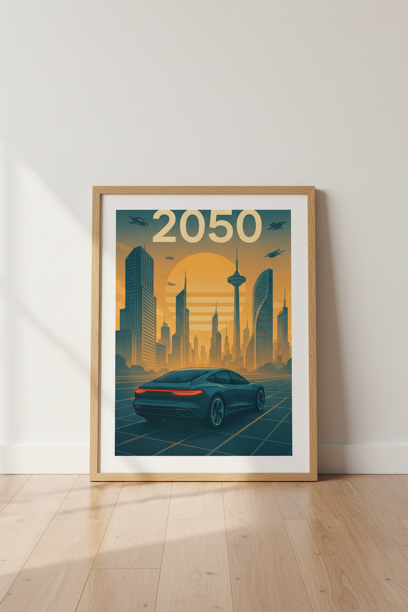 Futuristic Cityscape Wall Art | Sci-Fi Car 2050 Framed Art Print | Retro-Futurism Room Decor | Ready to Hang Poster
