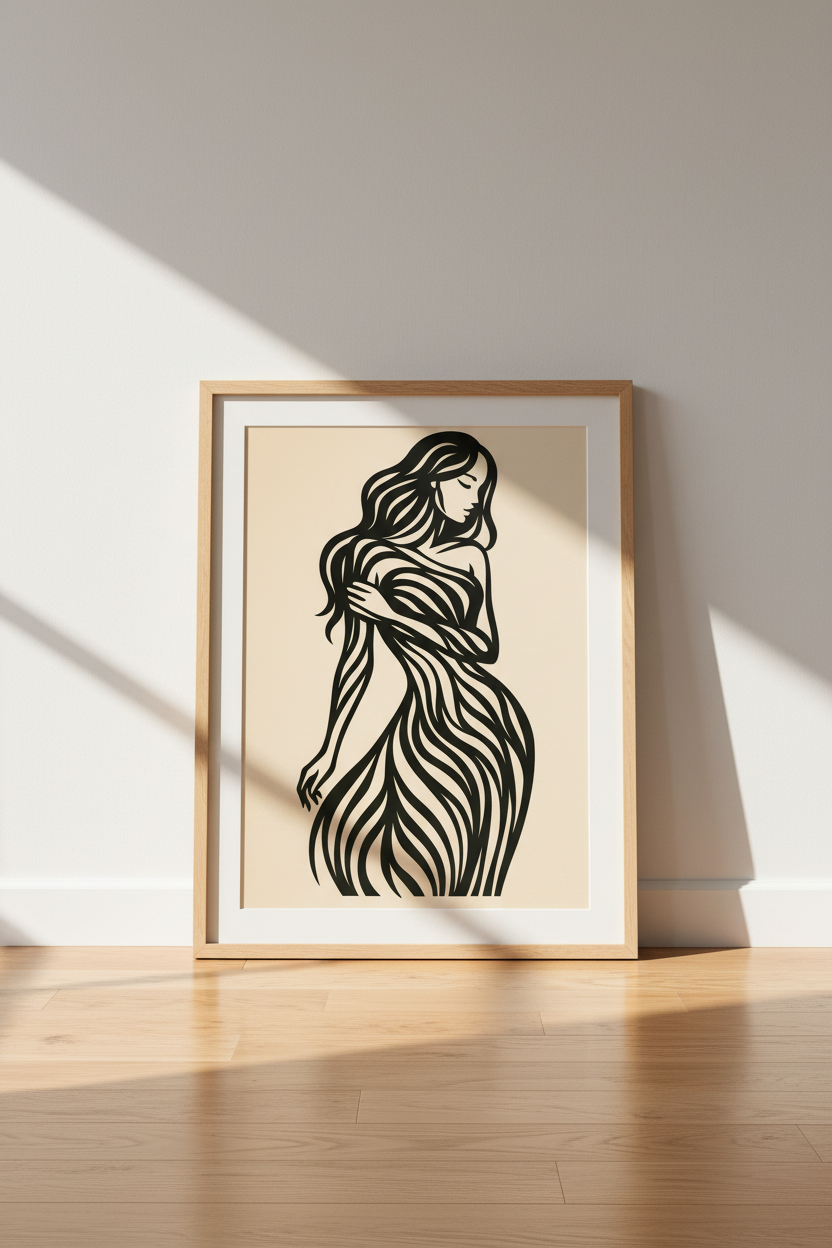Abstract Woman Line Art Print | Minimalist Female Figure Wall Decor | Aesthetic Wavy Hair Poster | Modern Bedroom Living Room Art