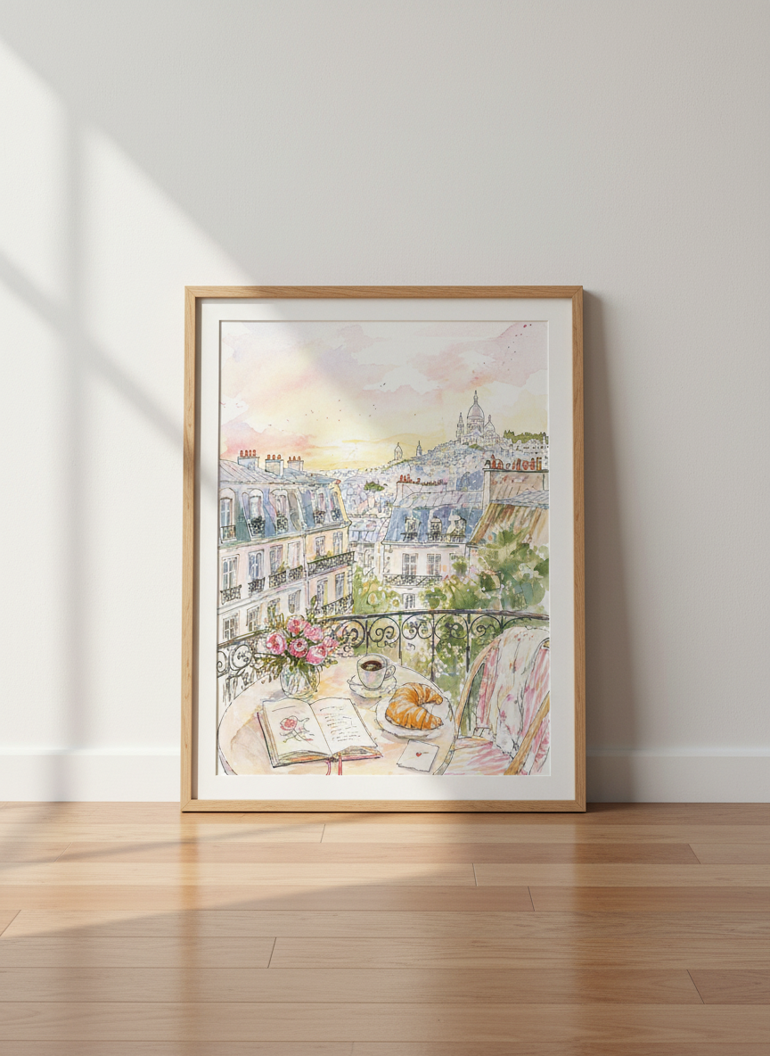 Paris Balcony View Art Print | Aesthetic Watercolor Cityscape Decor