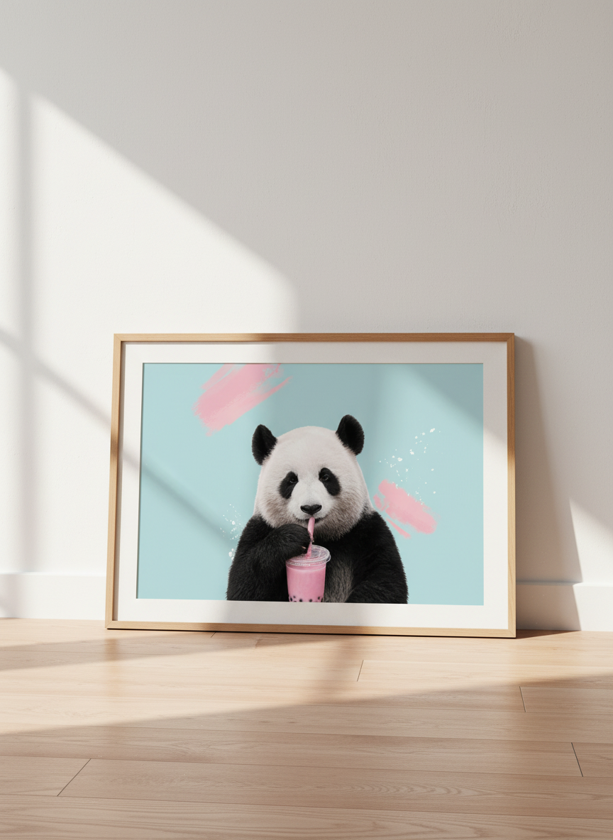 Panda Boba Tea Wall Art | Cute Animal Print, Kids Room Decor | Aesthetic Poster