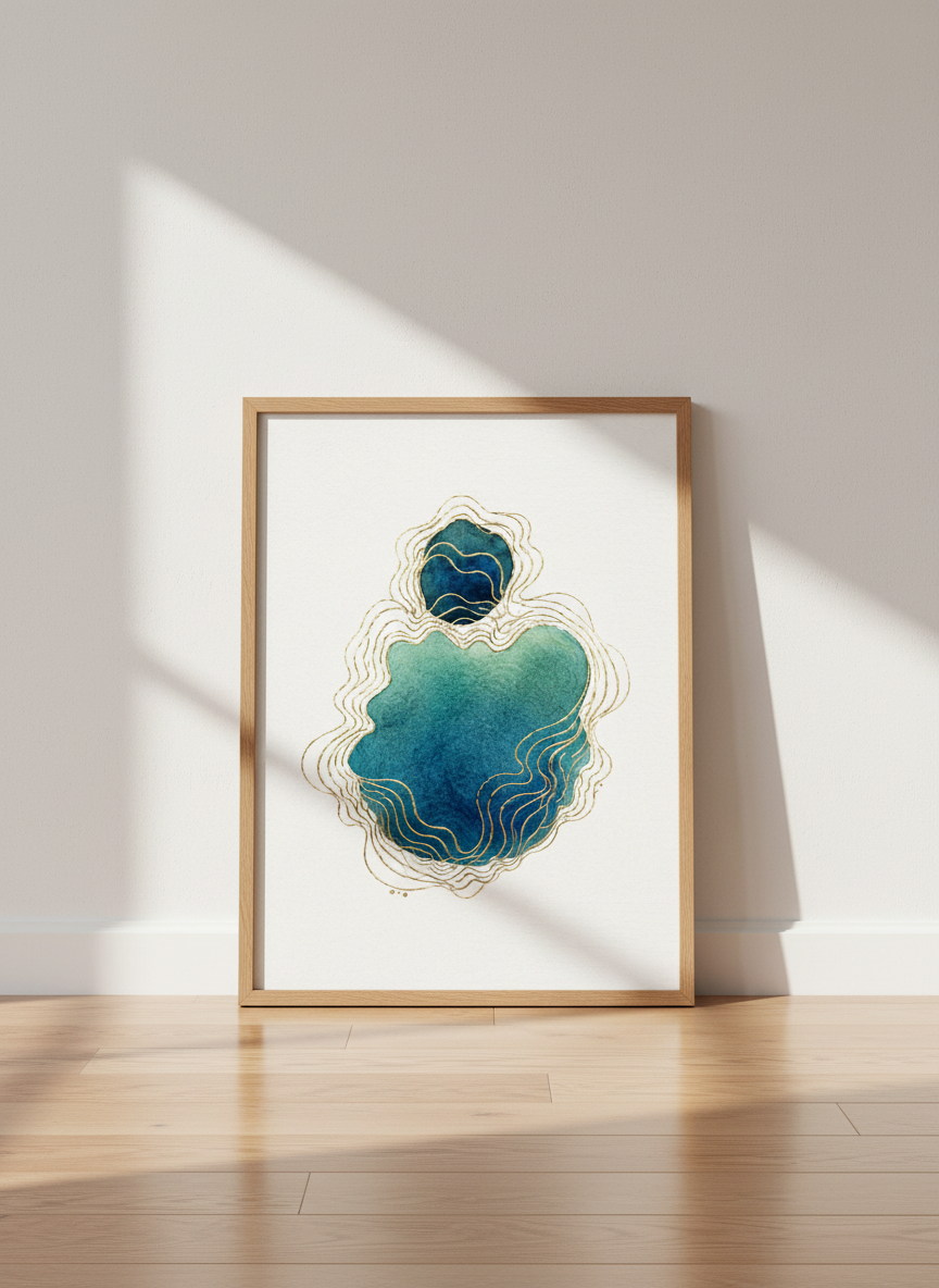 Abstract Ocean Blue & Gold Geode Wall Art Print | Living Room Decor | Modern Coastal Aesthetic Poster | Watercolor Art