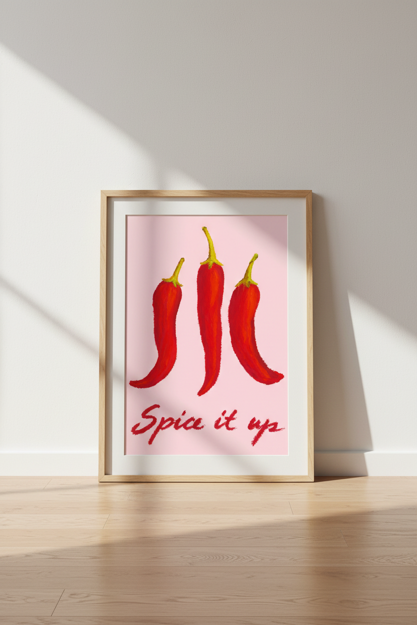 Chili Pepper Wall Art Print | Kitchen Decor | Spicy Food Poster | Red Chili Illustration | "Spice It Up" Quote Art