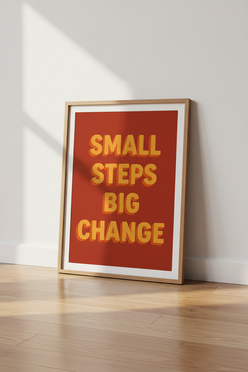 Retro Inspirational Wall Art Print | Small Steps Big Change Quote Framed Poster | Office Decor | Motivational Art