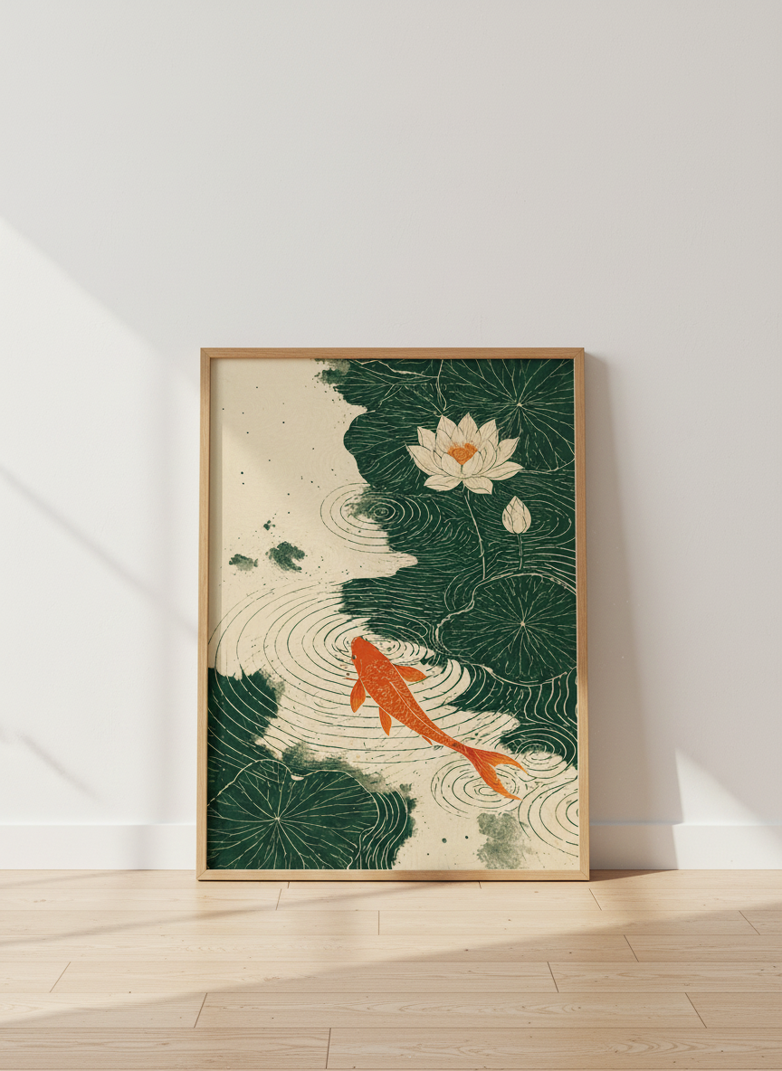 Zen Koi & Lotus Pond Art Print | Japanese Aesthetic Wall Decor, Nature Lover Gift