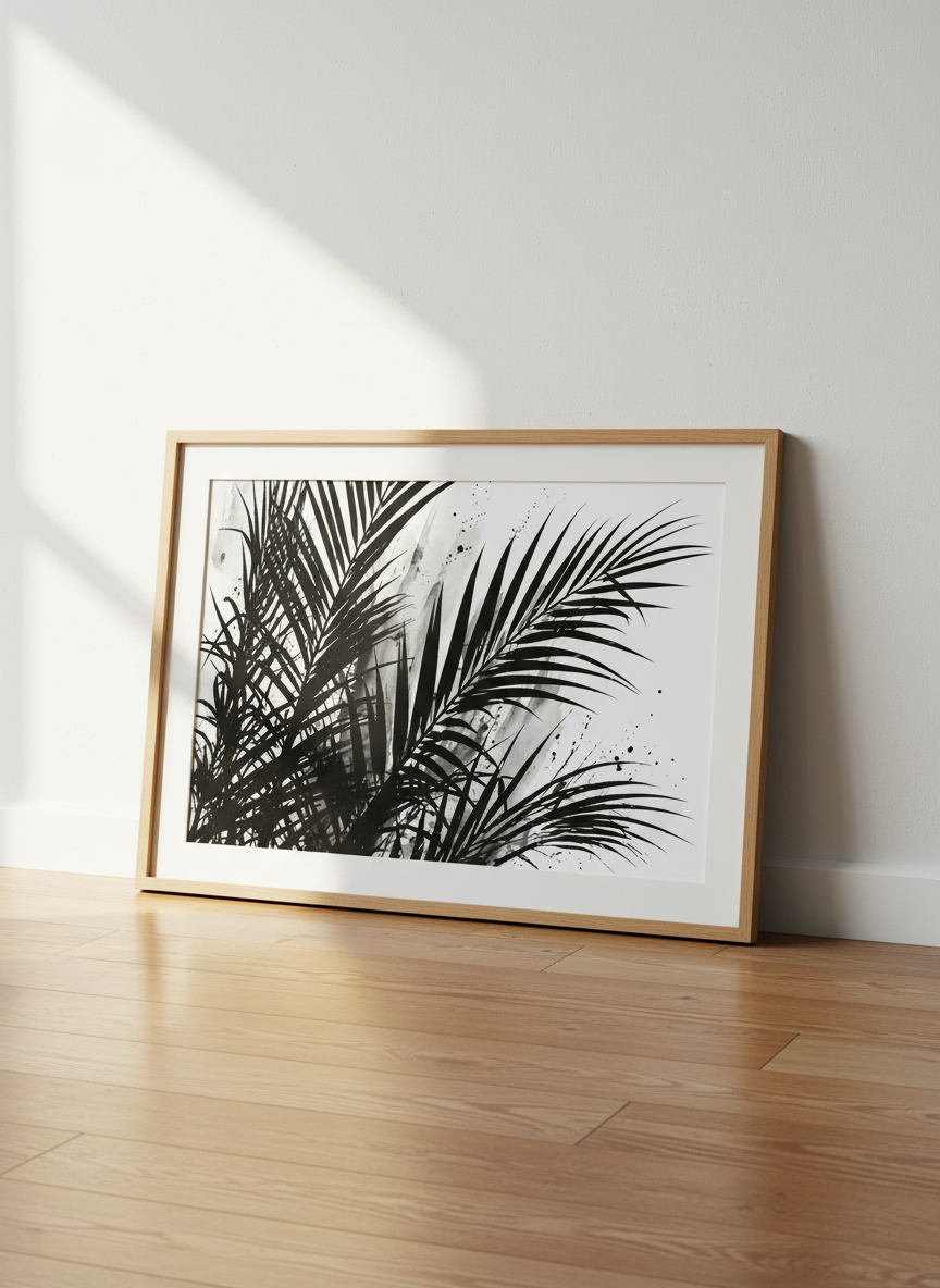 Minimalist Palm Leaf Wall Art | Black & White Tropical Print, Abstract Decor | Boho Poster