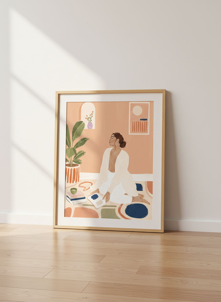 Relaxed Woman Art | Boho Reading Decor, Peach Aesthetic Print