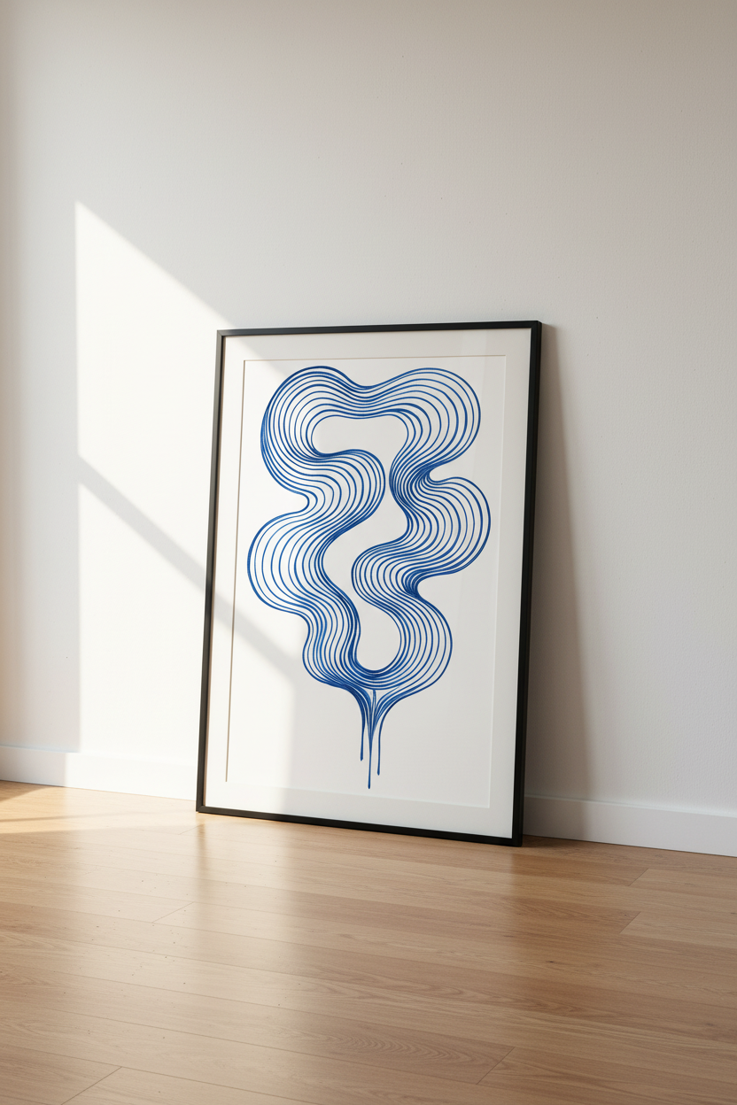 Abstract Wavy Line Art Print | Navy Blue Minimalist Wall Decor | Modern Living Room Poster | Aesthetic Ocean Vibes