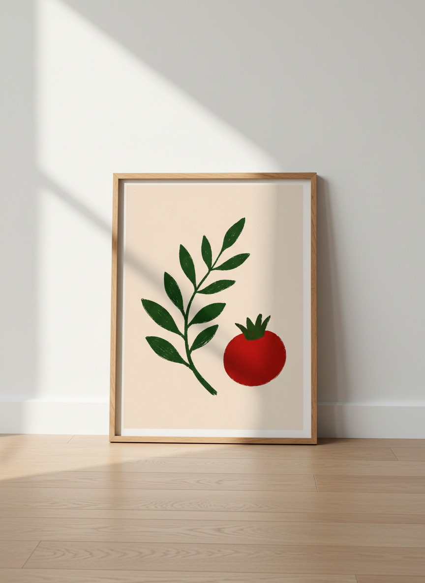 Minimalist Tomato Leaf Wall Art Print | Kitchen Decor | Boho Rustic Farmhouse Poster | Fruit Vegetable Art | Digital Download