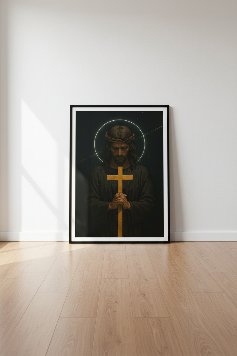 Jesus Christ with Golden Cross Wall Art Print | Christian Home Decor Poster | Religious Art Print | Faith Wall Hanging