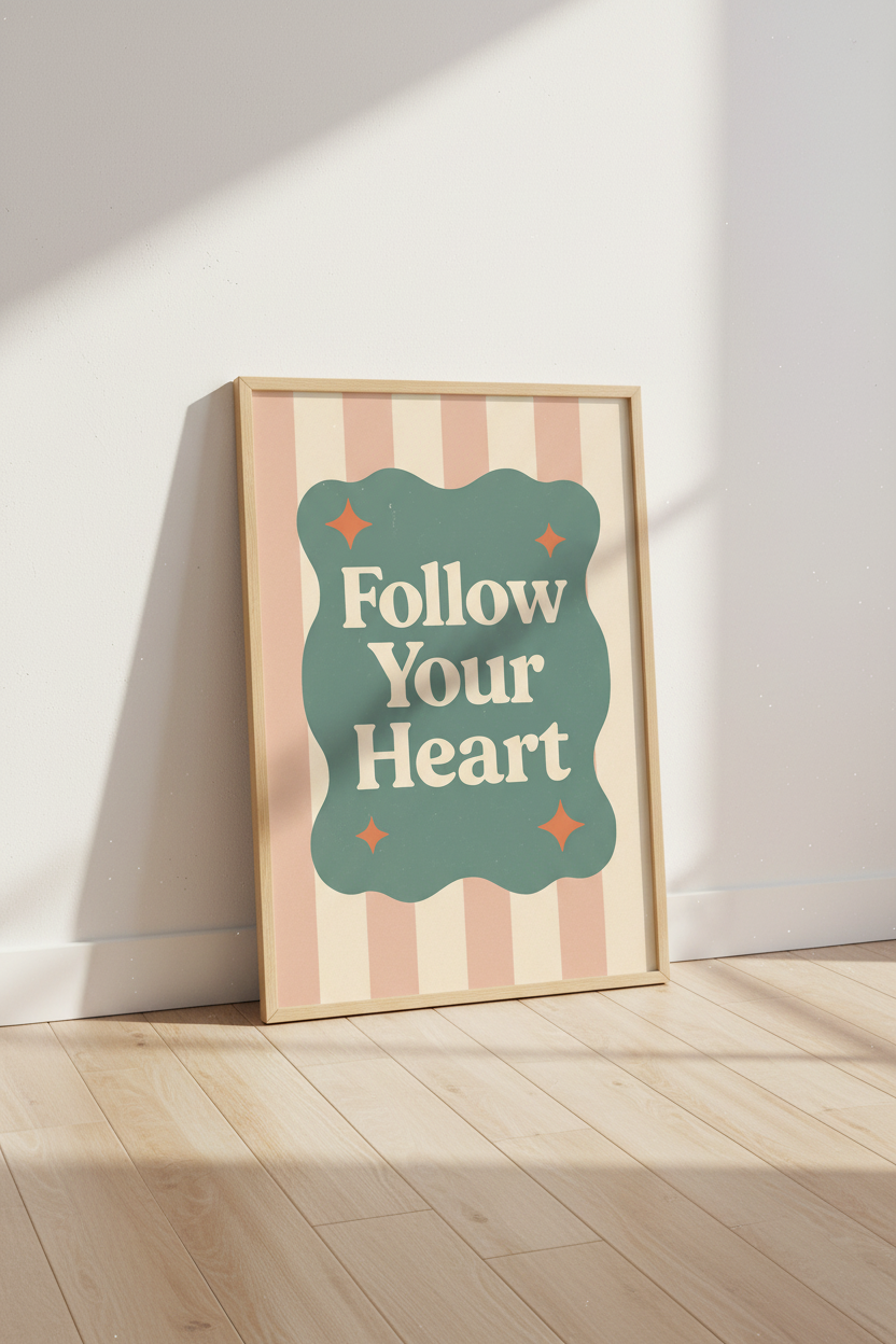 Retro Aesthetic Wall Art Print | Boho Bedroom Decor | Follow Your Heart Framed Poster | Mid Century Modern Quote Art