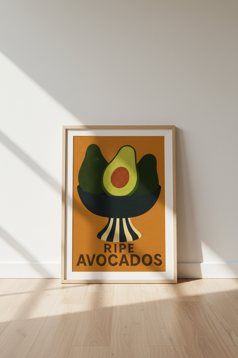 Mid Century Modern Avocado Framed Art Print | Kitchen Decor | Retro Food Poster | Ready to Hang Wall Art