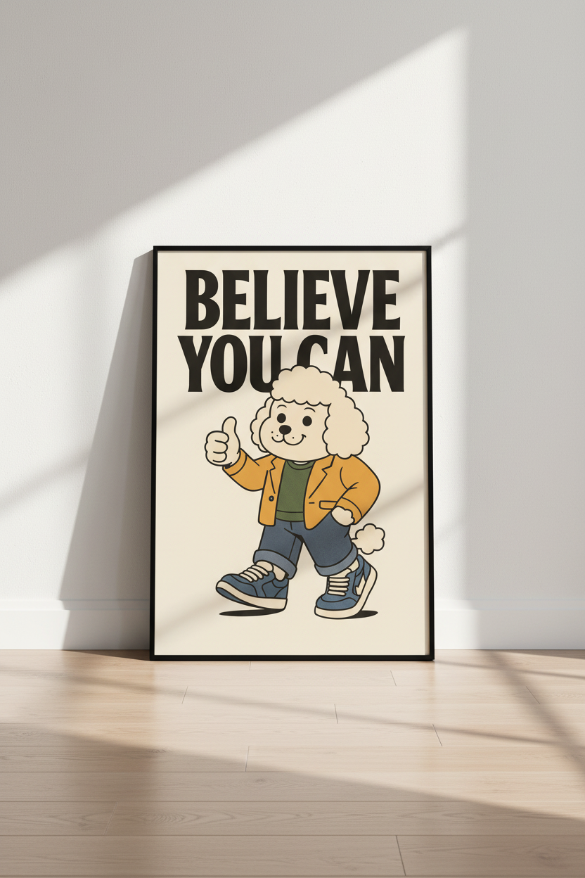 Retro Cartoon Dog Wall Art Print | Kids Room Decor | Motivational Poster | Believe You Can | Playroom Aesthetic | Digital Download