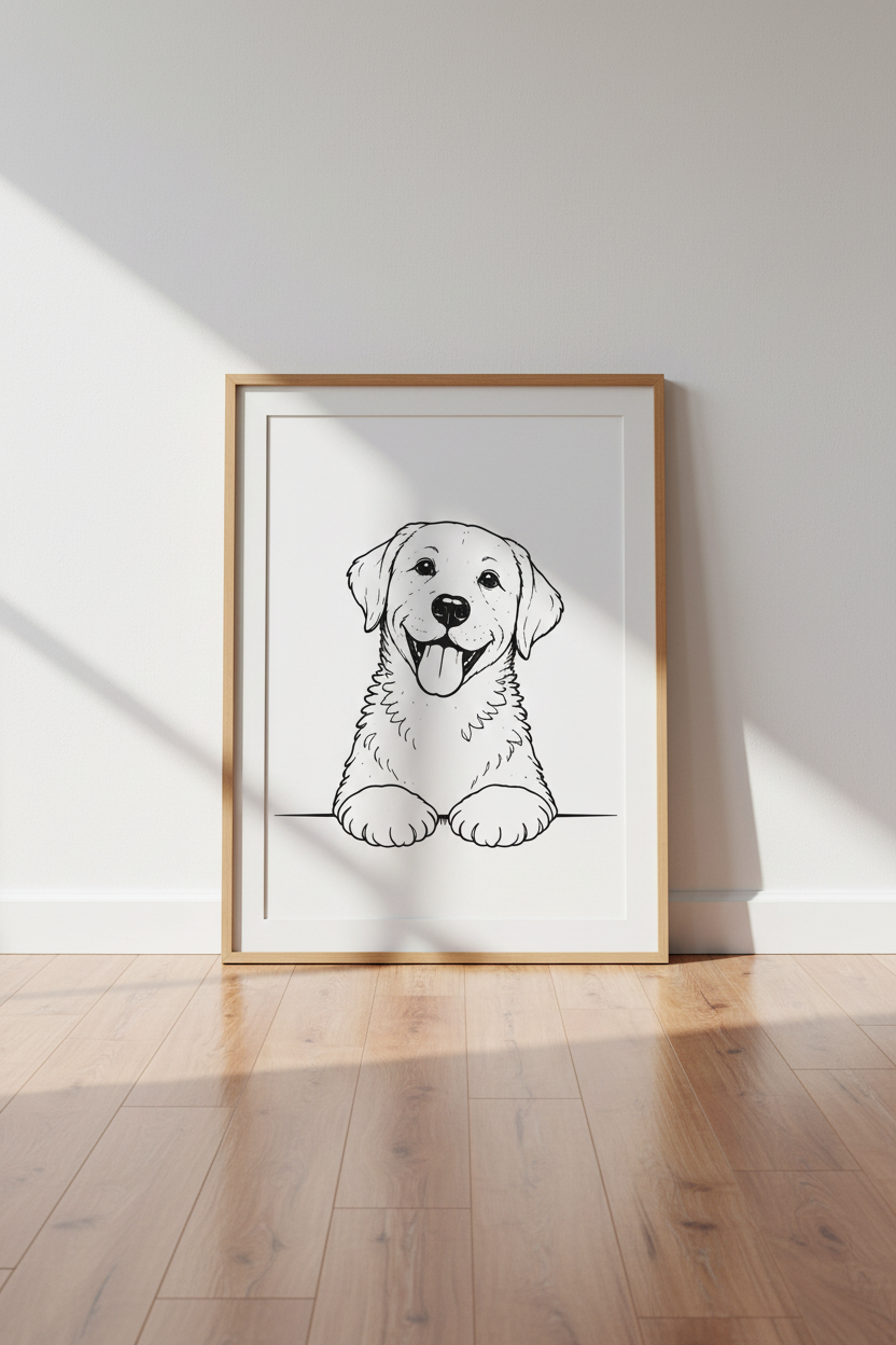 Minimalist Labrador Puppy Wall Art Print | Nursery Decor | Happy Doggy Sketch Poster | Black and White Line Art | Pet Lover Gift