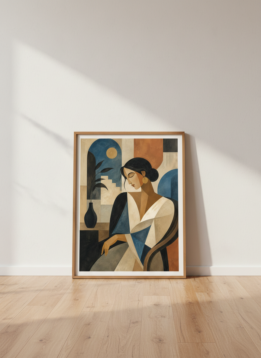 Cubist Woman Wall Art Print | Modern Home Decor | Neutral Bohemian Poster | Abstract Female Art | Mid-Century Meditation Gift