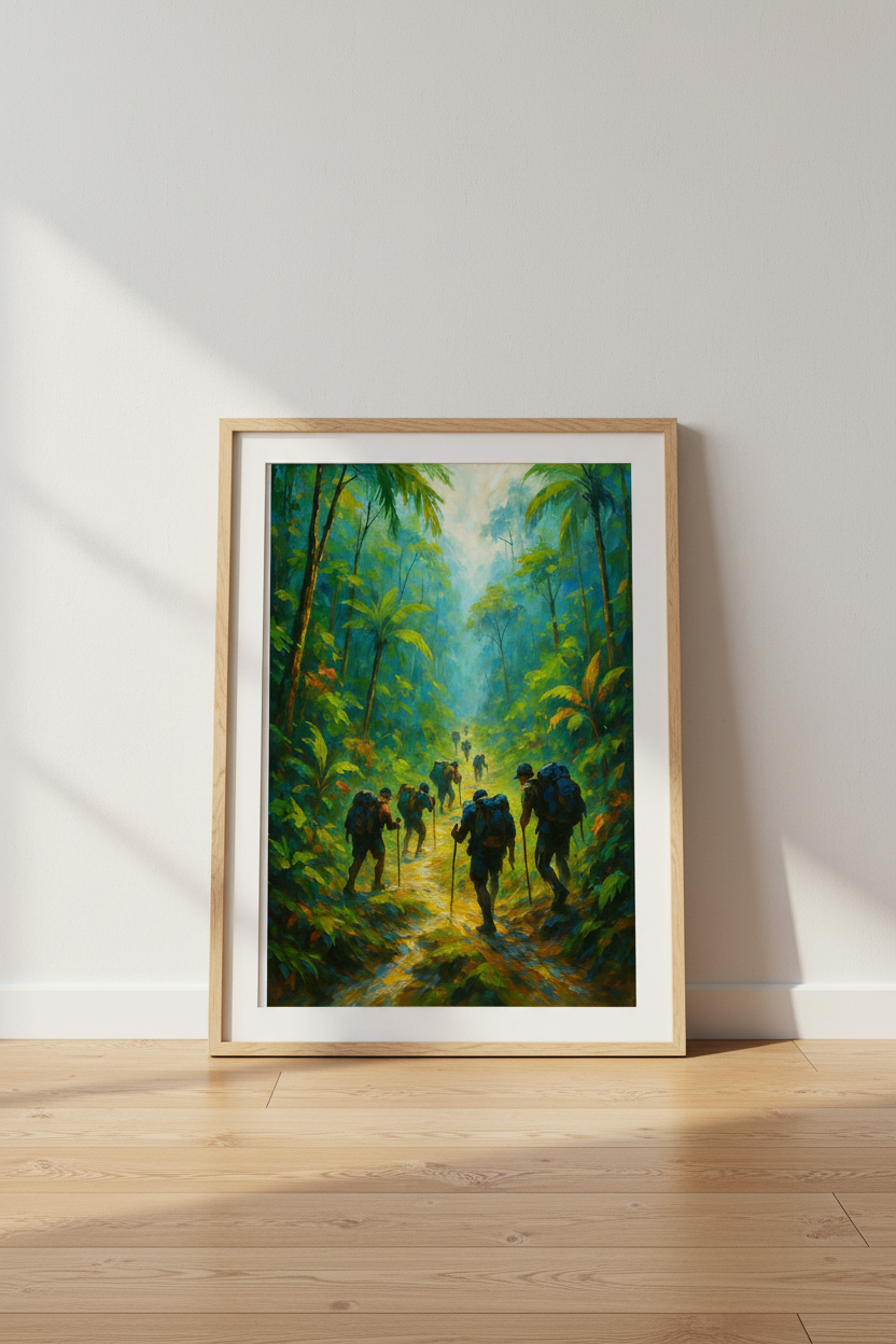 Impressionist Jungle Trekkers Wall Art Print | Adventure Room Decor | Lush Green Forest Poster Gift