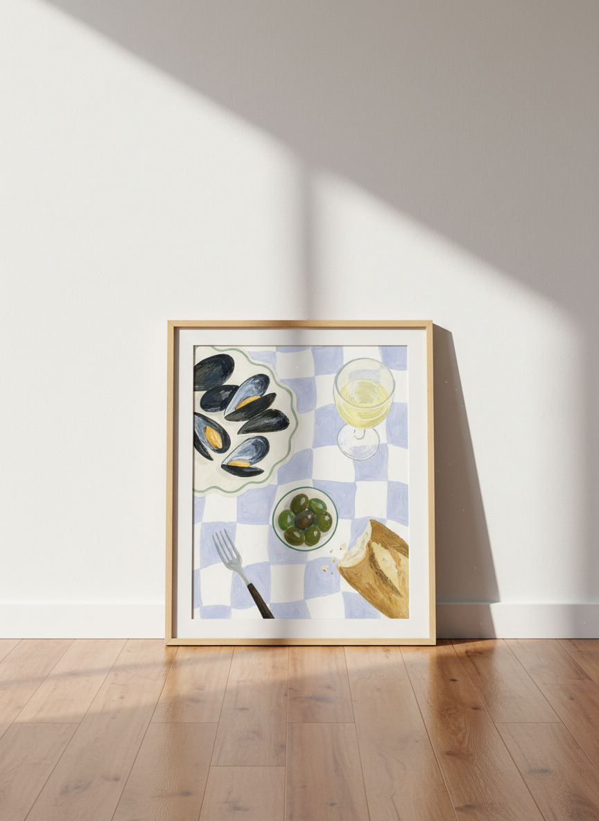 Minimalist Seafood Wall Art Print | Kitchen Decor | French Riviera Inspired Poster | Mussels, Wine & Olives