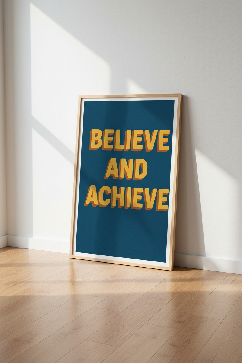 Retro Inspirational Wall Art Print | Believe and Achieve Quote Framed Poster | Office Motivation Decor | Modern Aesthetic Art