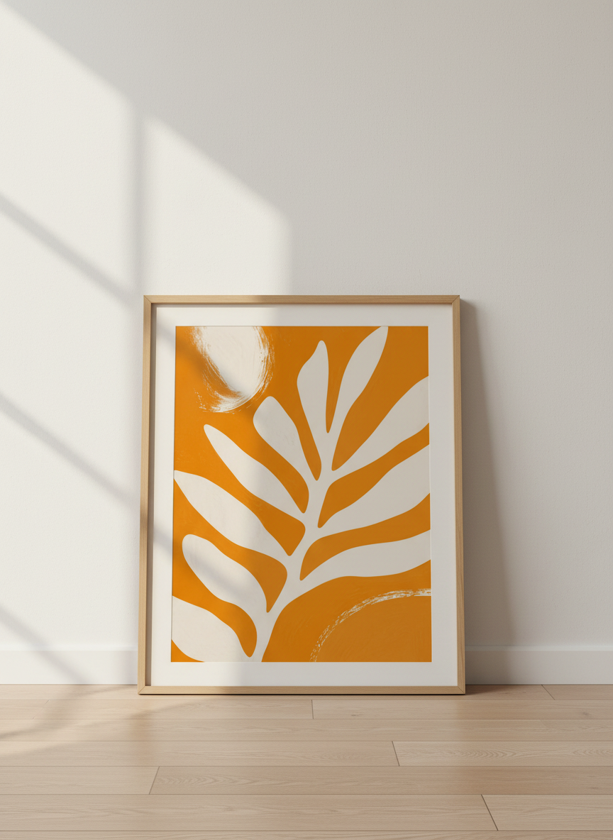 Abstract Leaf Wall Art Print | Boho Orange & Cream Decor | Mid-Century Modern Poster
