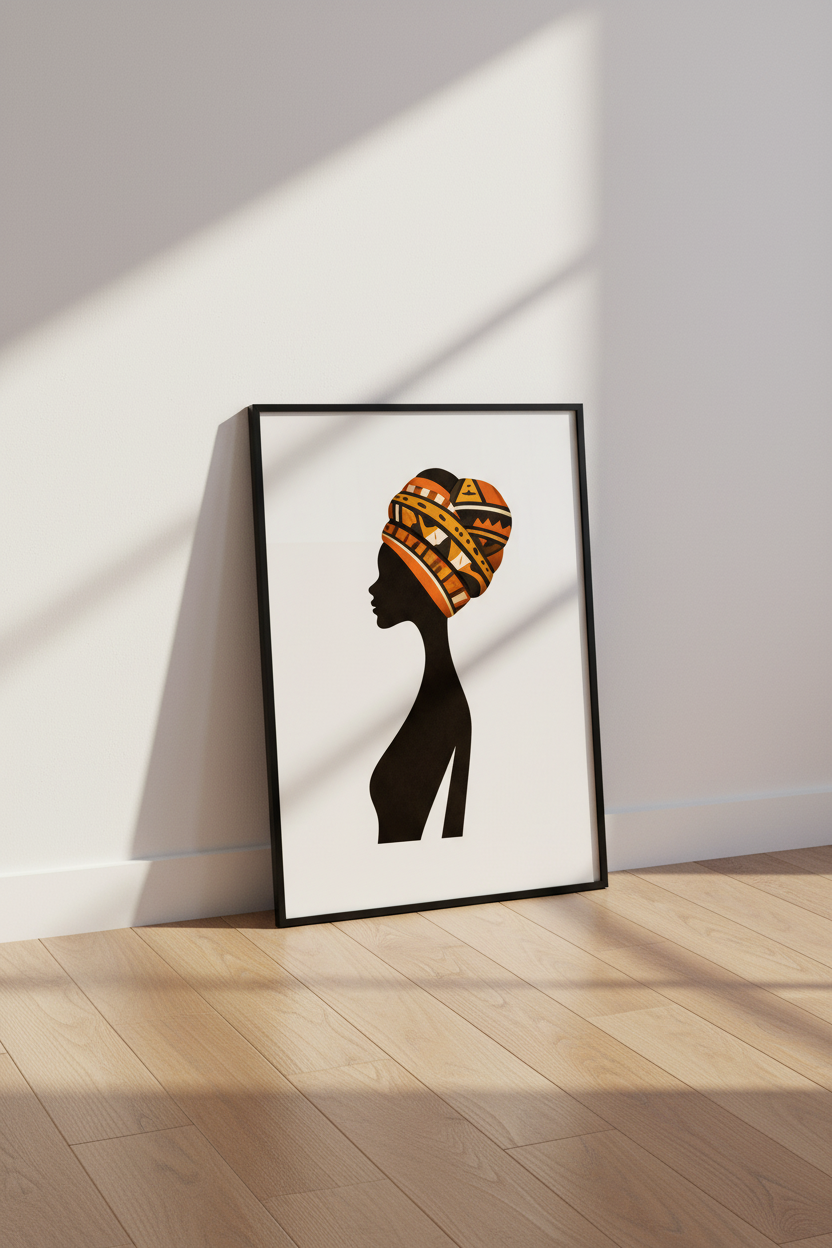 African Woman Portrait Wall Art | Ethnic Headwrap Print | Black Silhouette Home Decor | Abstract Boho Wall Hanging