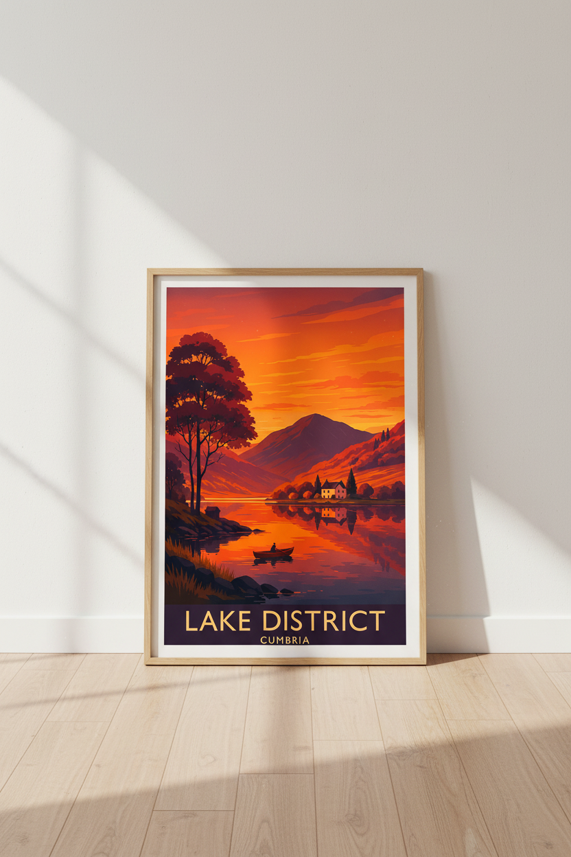 Retro Travel Poster Lake District Framed Wall Art | Sunset Landscape Decor | Orange Red Aesthetic Ready to Hang Print