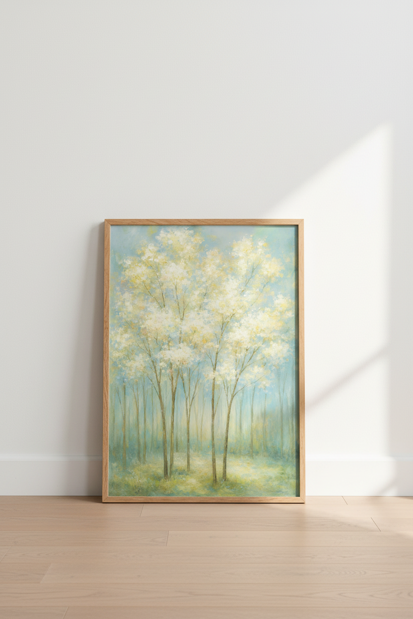 Impressionist Forest Wall Art Print | Bedroom Decor | Pastel Blue Living Room Poster | Misty Woods Landscape Canvas Art