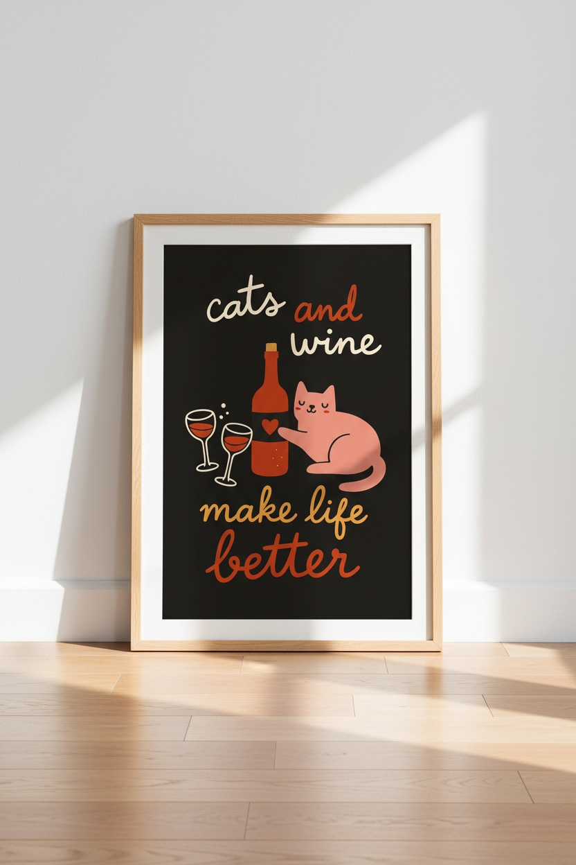 Minimalist Cat Wine Wall Art Print | Kitchen Decor | Cozy Aesthetic | Funny Cat Lover Poster | Digital Download & Framed Options