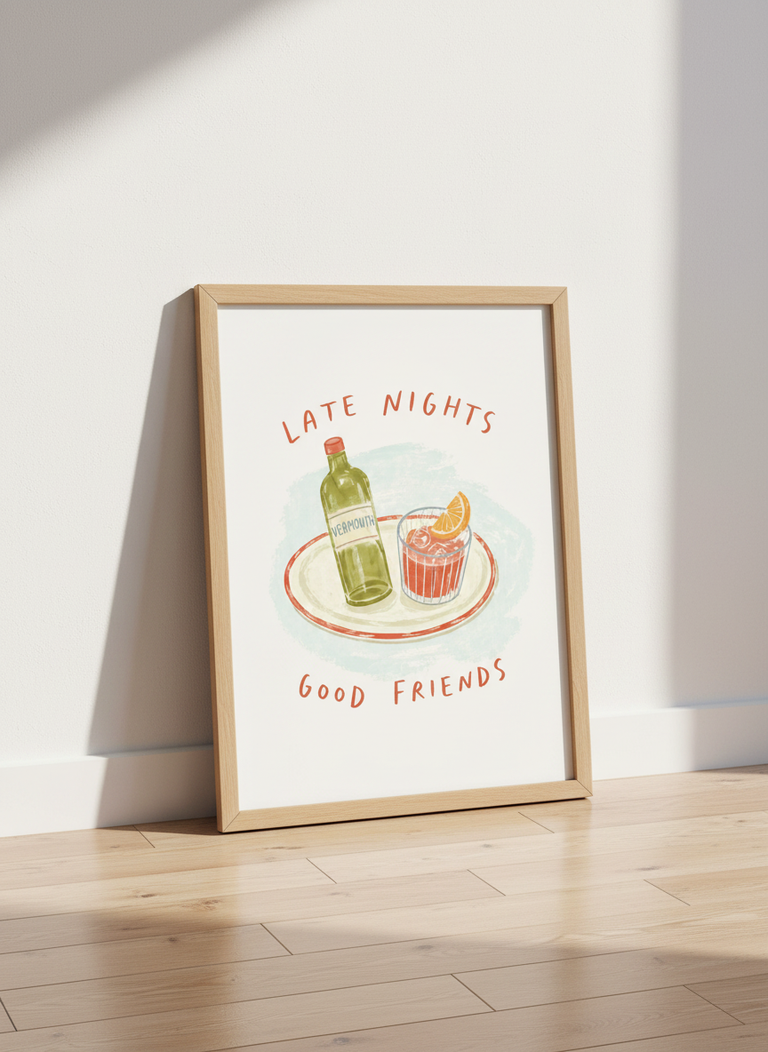 Minimalist Cocktail Wall Art Print | Kitchen Decor | Bar Cart Aesthetic Poster | Late Nights Good Friends Art