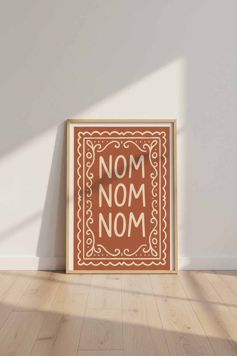Gingerbread Cookie Nom Nom Nom Wall Art Print | Kitchen Decor | Whimsical Minimalist Poster Funny Foodie Art Gift