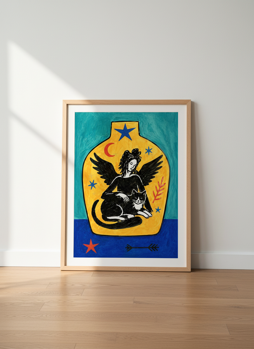 Mystical Angel & Cat Wall Art Print, Bohemian Witchy Home Decor Poster with Stars & Moon, Spiritual Folk Art Wall Hanging