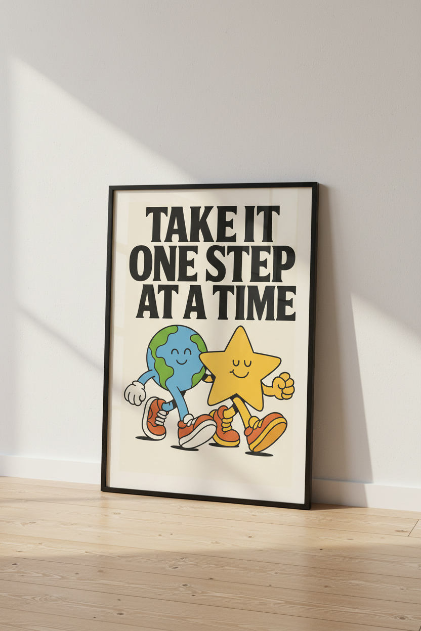 Retro Inspirational Wall Art Print | Boho Living Room Decor | Take It One Step At A Time Poster | Motivational Earth Star