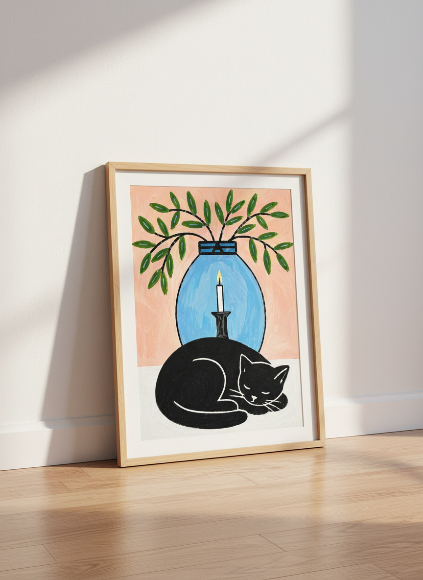 Folk Art Black Cat Wall Art Print | Cozy Home Decor | Whimsical Still Life Poster | Framed, Unframed, Digital Art
