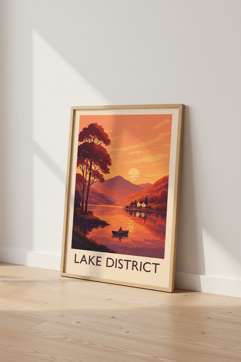 Retro Travel Lake District Wall Art Print | Sunset Lake Decor | Framed Landscape Poster | Ready to Hang UK Art