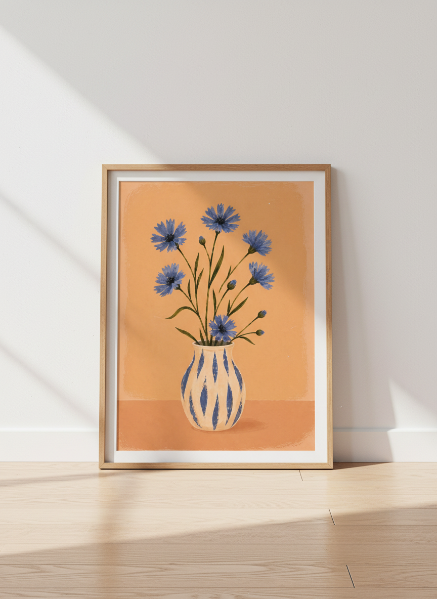 Rustic Floral Art Print | Blue Cornflower Vase Framed Wall Art | Botanical Farmhouse Decor | Mid-Century Modern Poster
