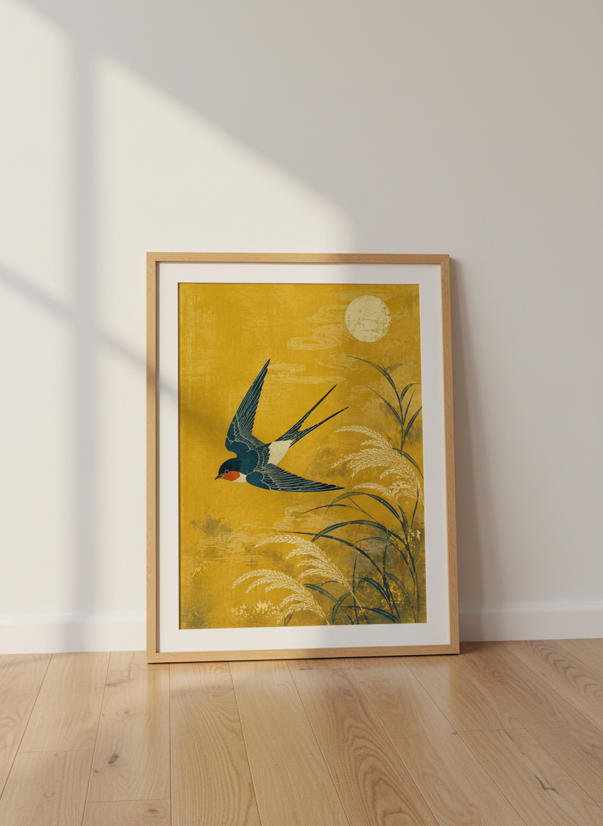 Japanese Swallow & Moon Print | Ukiyo-e Style Art, Gold Yellow Decor